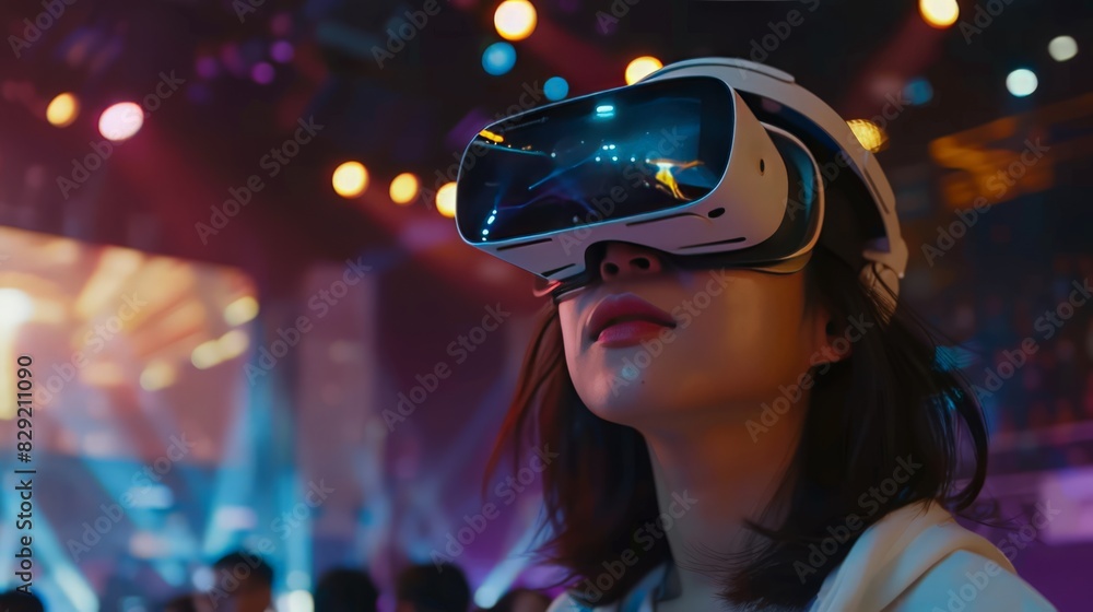 With VR glasses, a casually dressed Asian woman enjoys a live-streaming concert, feeling the energy of the virtual performance as if she were there With VR glasses, a casually dressed Asian woman enjoys a live-streaming concert, feeling the energy of the virtual performance as if she were there