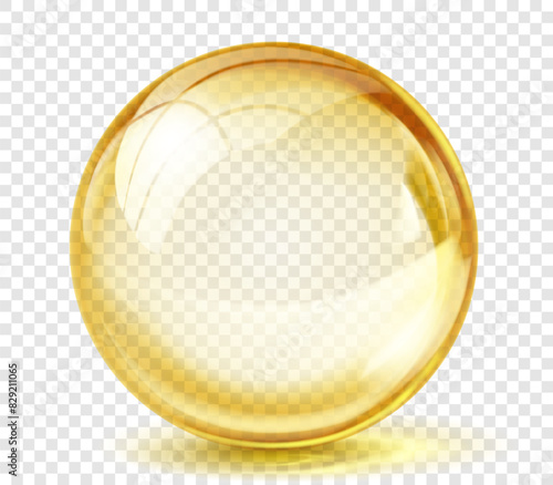 Large translucent shiny sphere of yellow color with glare and shadow on transparent background. Vector illustration for design projects and creative works
