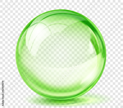 Large translucent shiny sphere of green color with glare and shadow on transparent background. Vector illustration for design projects and creative works