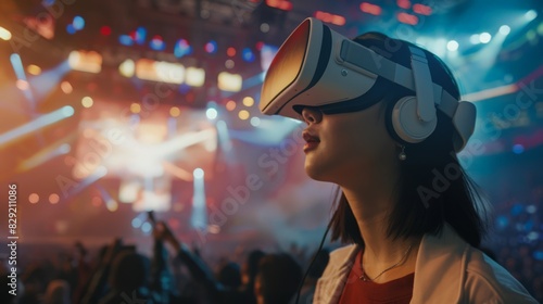 With VR glasses, a casually dressed Asian woman enjoys a live-streaming concert, feeling the energy of the virtual performance as if she were there © Thirawat