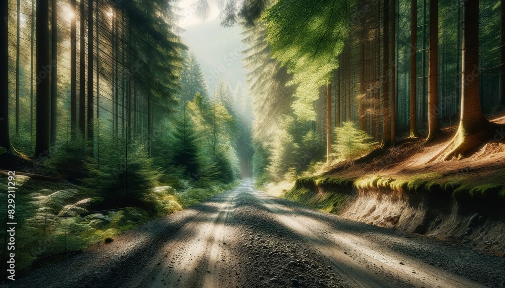Obraz premium A close-up view of a gravel road cutting through a dense forest, with dappled sunlight filtering through the trees. The scene is serene and peaceful, 