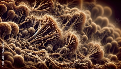 A close-up view of complex fungal networks in alien soil, showcasing intricate mycelium strands. The image features earthy tones and captures the scen photo