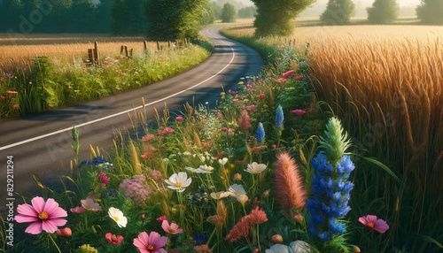 A close-up view of a winding country road, lined with wildflowers and tall grasses. The scene is tranquil and inviting, with no humans present. 