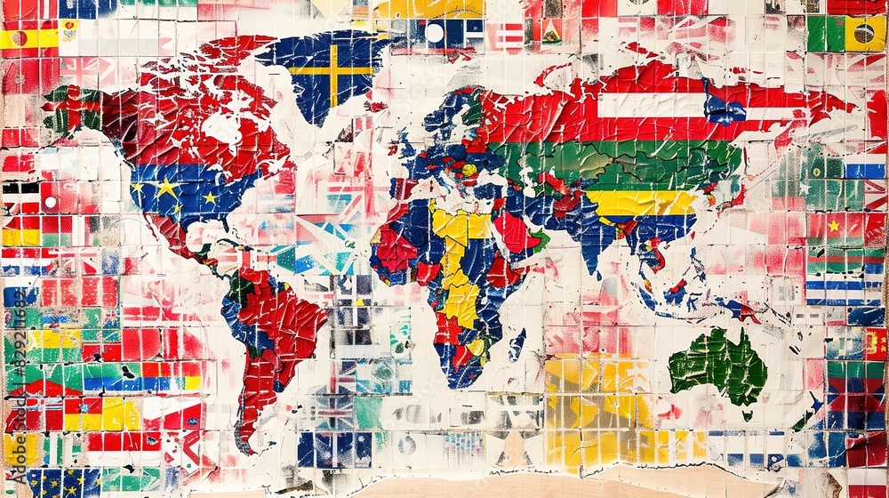 Naklejka premium Dynamic mosaic of world flags merging into a global map, symbolizing unity and diversity