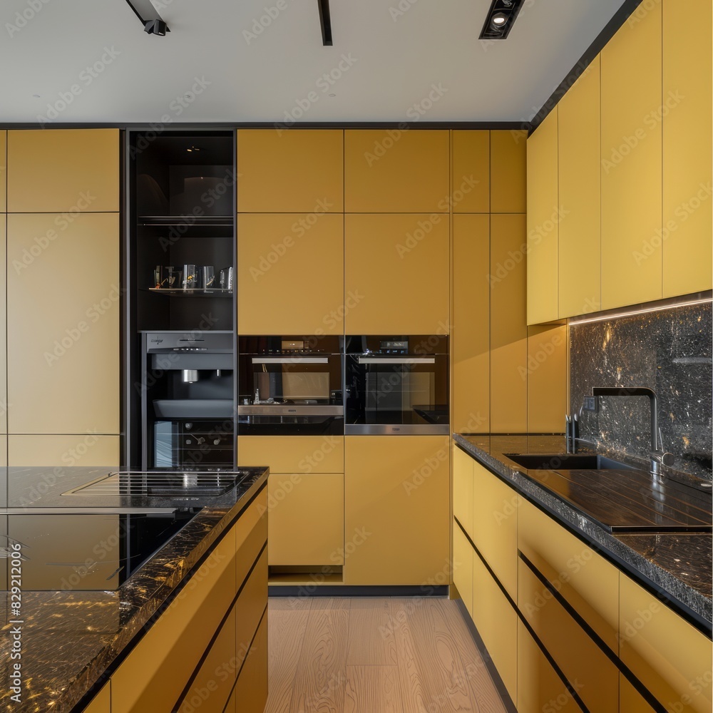 Fototapeta premium Modern yellow kitchen with matte yellow cabinets, dark granite countertops, and integrated appliances