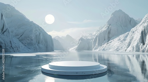 Water and Ice in the Style of Minimalist Stage Designs, with White Square Stand in Background, Realistic Landscapes with Soft, Tonal Colors, Circular Shapes photo
