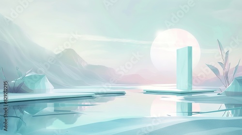 Water and Ice in the Style of Minimalist Stage Designs  with White Square Stand in Background  Realistic Landscapes with Soft  Tonal Colors  Circular Shapes