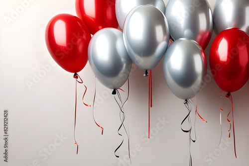 silver and gold balloons isolated on empty red wall background with copy space