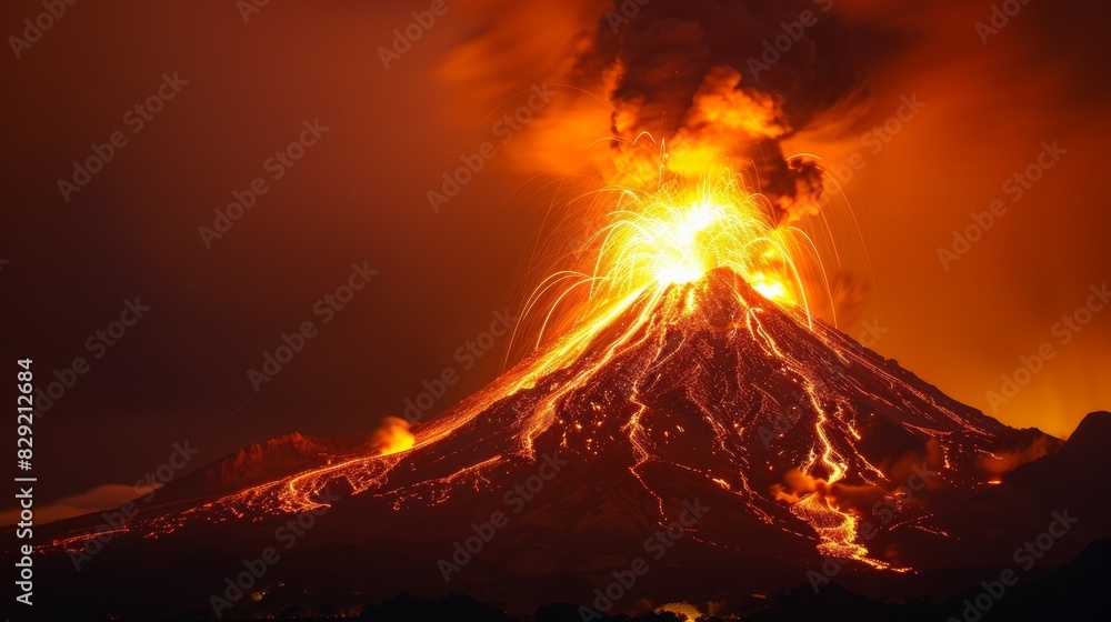 An erupting volcano in the dead of night illuminated by bright bolts of volcanic lightning.