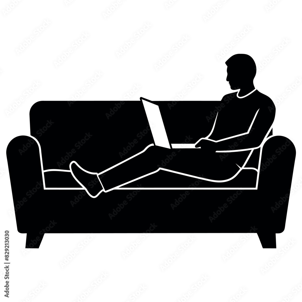 A Working on the laptop sitting on the sofa, relax position, comport and calm, black color vector silhouette