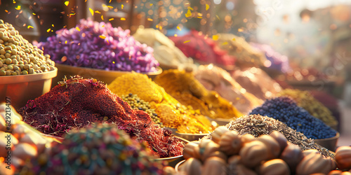 In the heart of a bustling market, a vendor sells their colorful array of spices, enticing the senses with their exotic scents