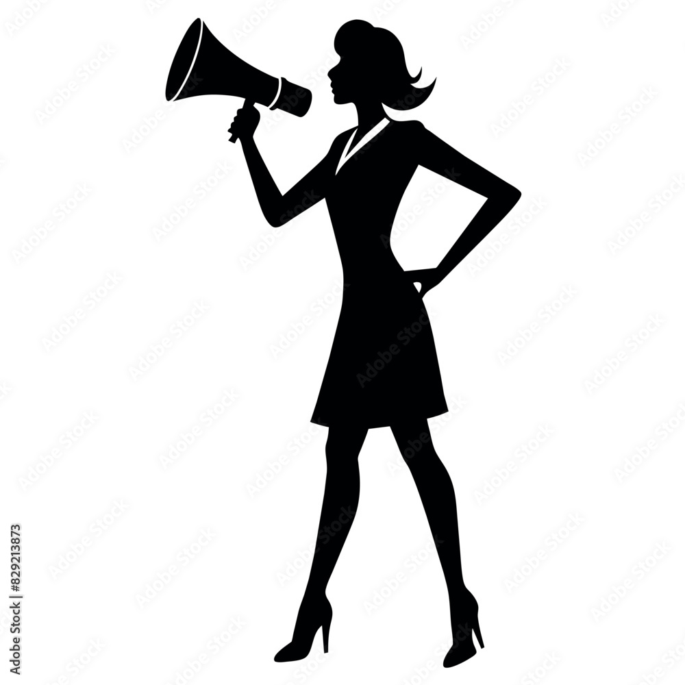Fototapeta premium A business woman standing with megaphone for loudly speaking for advertisement vector silhouette, white background