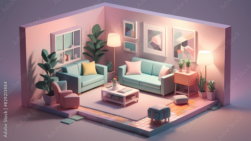 Foto de cube cutout of an isometric living room, 3d art, pastel colors ...