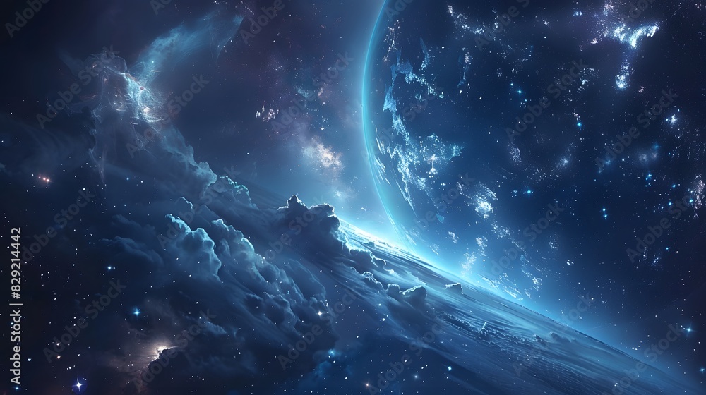 Fototapeta premium Futuristic glittering in space on black background.