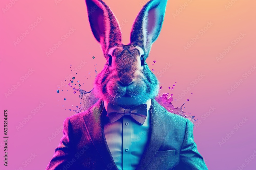 Easter bunny in suit and bow tie with splashes on gradient background