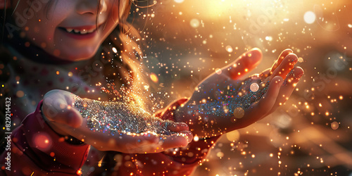 A young girl giggles as she pours sparkly glitter over her hands, the tiny particles catching the light and reflecting it back photo