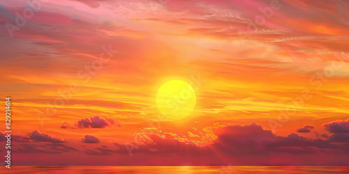 A vibrant orange sun dips below the horizon  painting the sky in a breathtaking palette of oranges  pinks  and purples