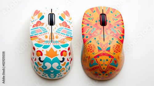 A colorful pair of computer mice with vibrant designs on a clean white desk.