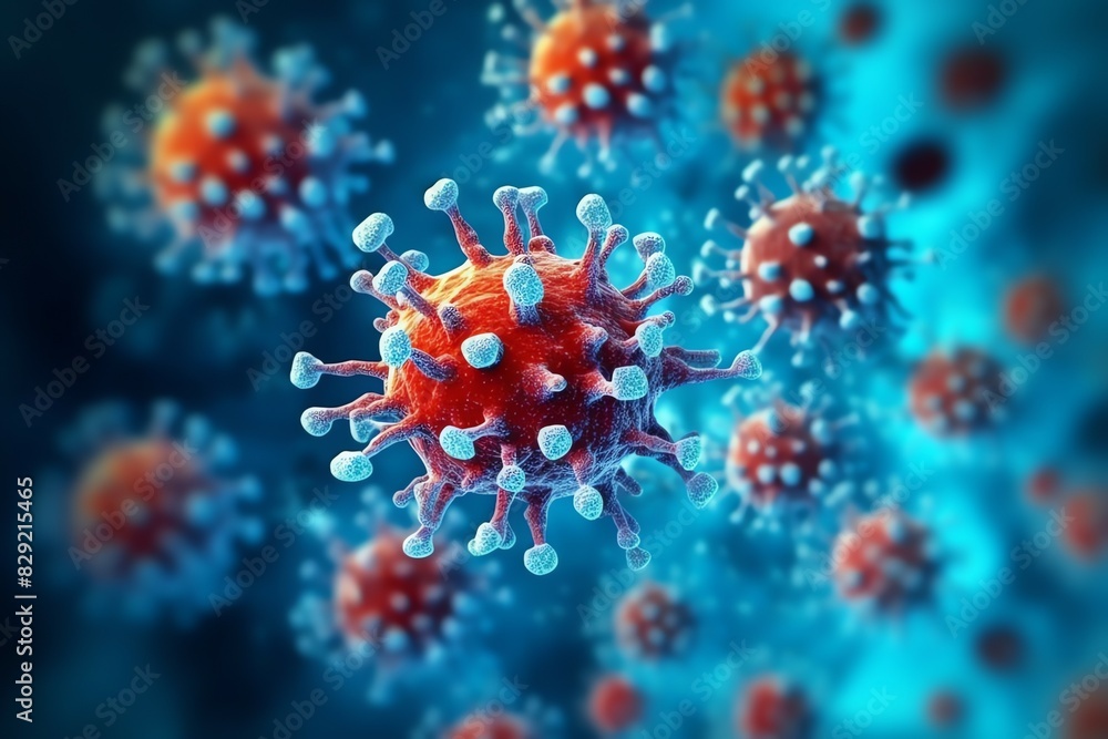 3D render of a medical with virus cells bacteria. Multiple realistic coronavirus particles floating 3D render of a medical with virus cells bacteria. Multiple realistic coronavirus particles floating