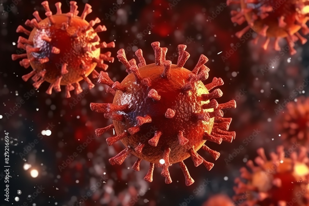 3D render of a medical with virus cells bacteria. Multiple realistic coronavirus particles floating