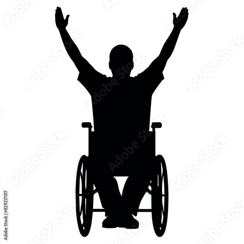 A disable man Raised hands sitting on the wheel chair, enjoy or happy moment vector silhouette, white background