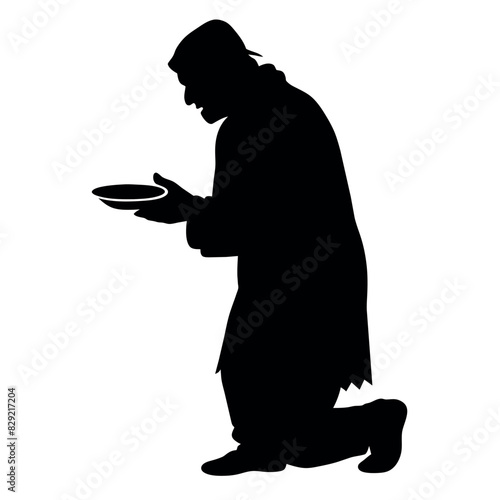 A street beggar begging on the road to the other people vector silhouette, a street beggar