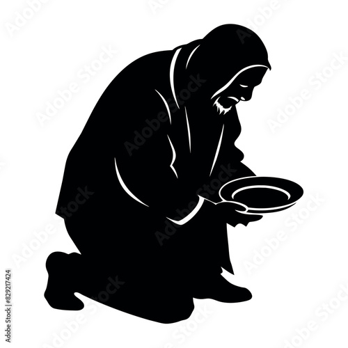 A street beggar begging on the road to the other people vector silhouette, a street beggar