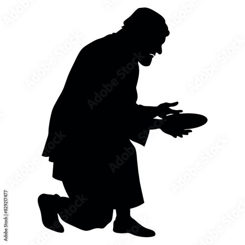 A street beggar begging on the road to the other people vector silhouette, a street beggar