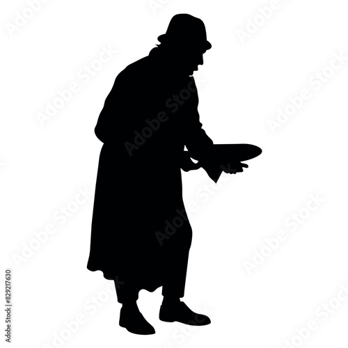 A street beggar begging on the road to the other people vector silhouette, a street beggar