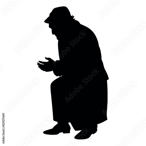 A street beggar begging on the road to the other people vector silhouette, a street beggar