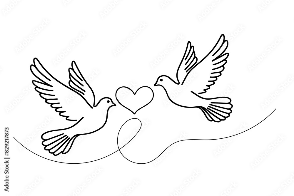 Fototapeta premium Continuous one black line hand drawing of a pigeon flying with heart love doodle outline vector on white background.