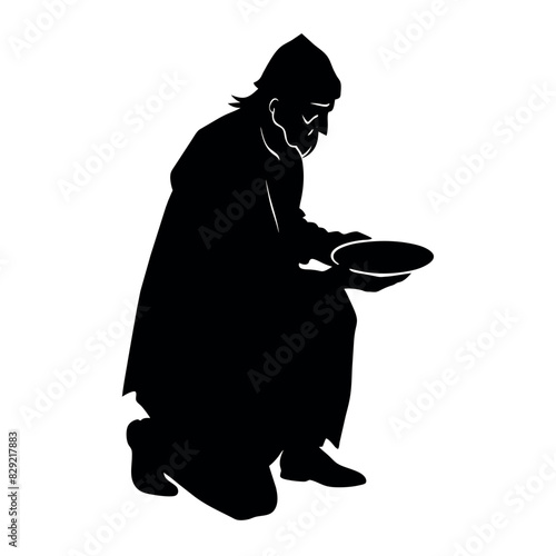 A street beggar begging on the road to the other people vector silhouette, a street beggar