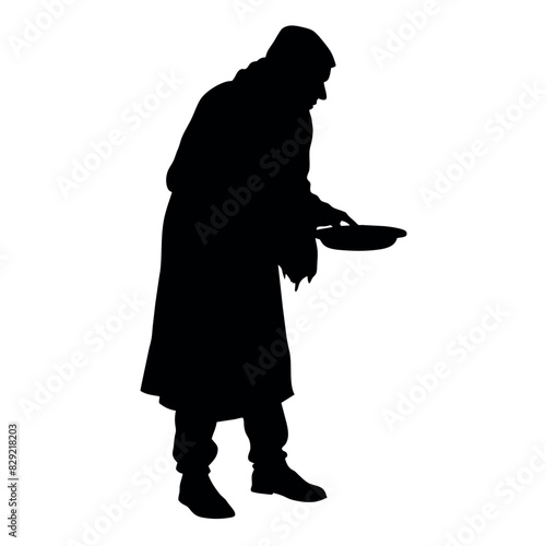 A street beggar begging on the road to the other people vector silhouette, a street beggar