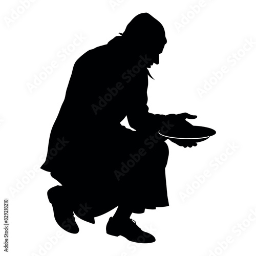 A street beggar begging on the road to the other people vector silhouette, a street beggar