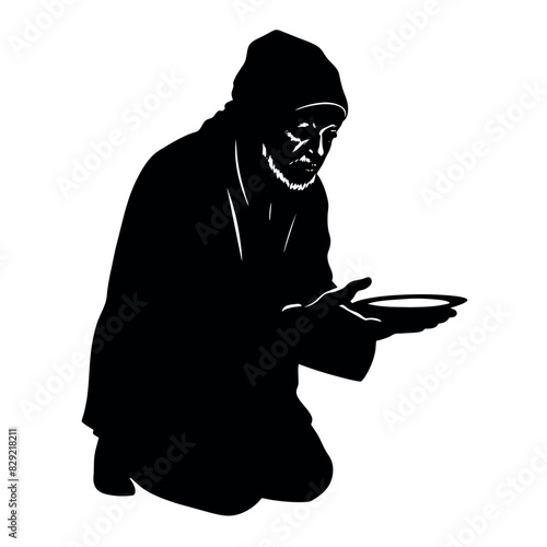 A street beggar begging on the road to the other people vector silhouette, a street beggar