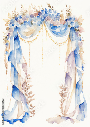 romantic sweet wedding drapery with flowers arch, archway with beautiful roses, watercolor art style for wedding theme invitation card