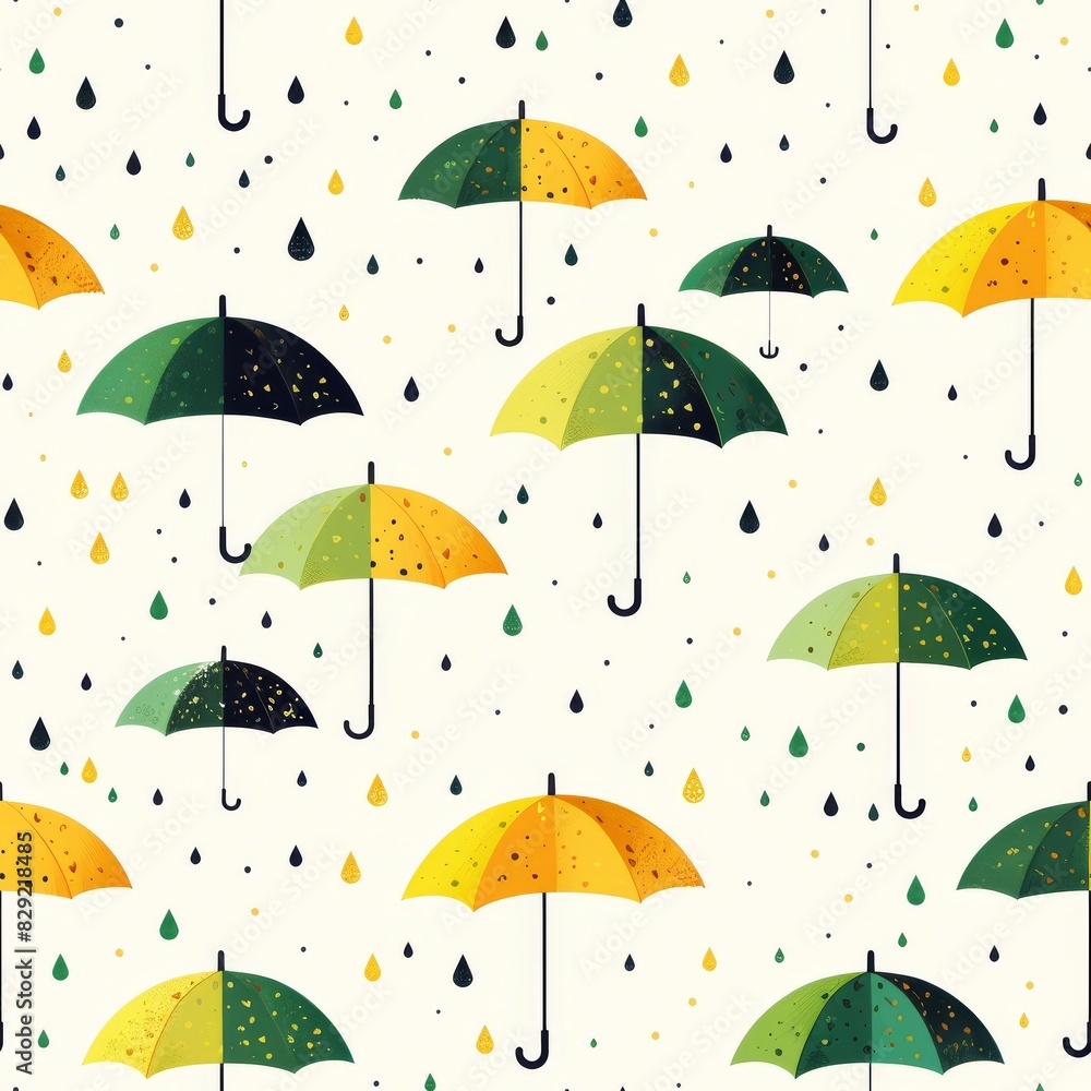 A seamless pattern tile of illustrated umbrellas and dots on a simple background. 