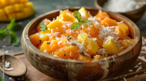A colorful fruit salad bursting with vibrant chunks of papaya mango pineapple and shredded coconut.