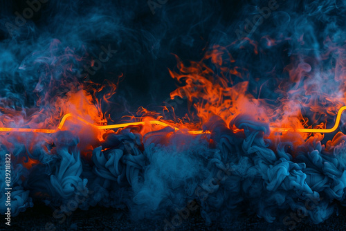 Bold orange neon lights up rich navy blue smoke for a deep stage backdrop.