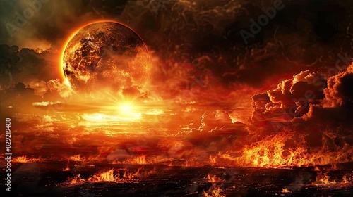 Apocalyptic scene depicting a fiery landscape with burning clouds and a menacing planet in the background, evoking a sense of chaos and destruction.