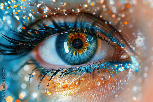 Extreme close-up of a human eye showcasing intricate details and sparkling colors, emphasizing the beauty of human vision.