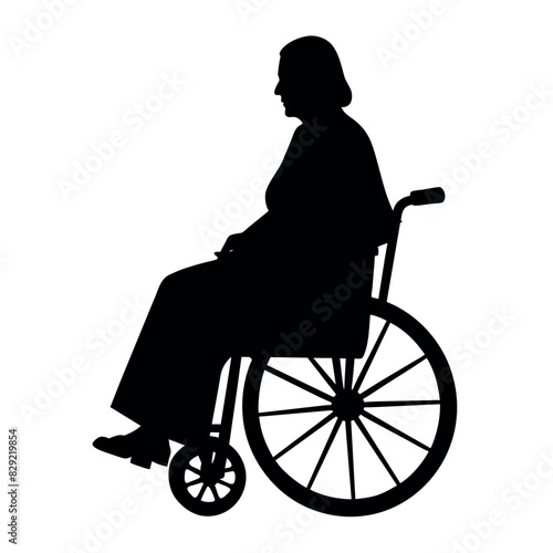a disable old woman sitting on the wheel chair vector silhouette