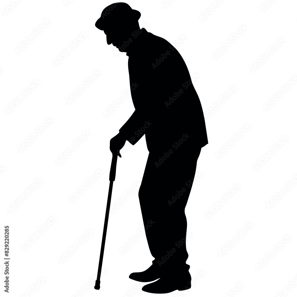 A Old Grandpa Stand with cane vector silhouette, Old man walking with cane vector silhouette A Old Grandpa Stand with cane vector silhouette, Old man walking with cane vector silhouette