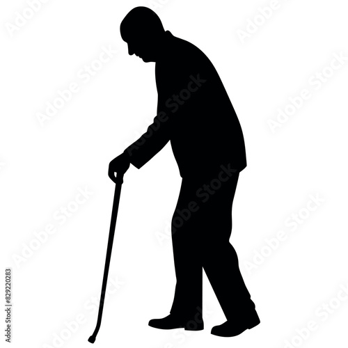 A Old Grandpa Stand with cane vector silhouette, Old man walking with cane vector silhouette