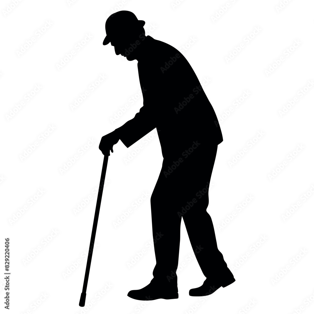 A Old Grandpa Stand with cane vector silhouette, Old man walking with cane vector silhouette