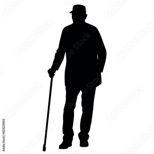 A Old Grandpa Stand with cane vector silhouette, Old man walking with cane vector silhouette