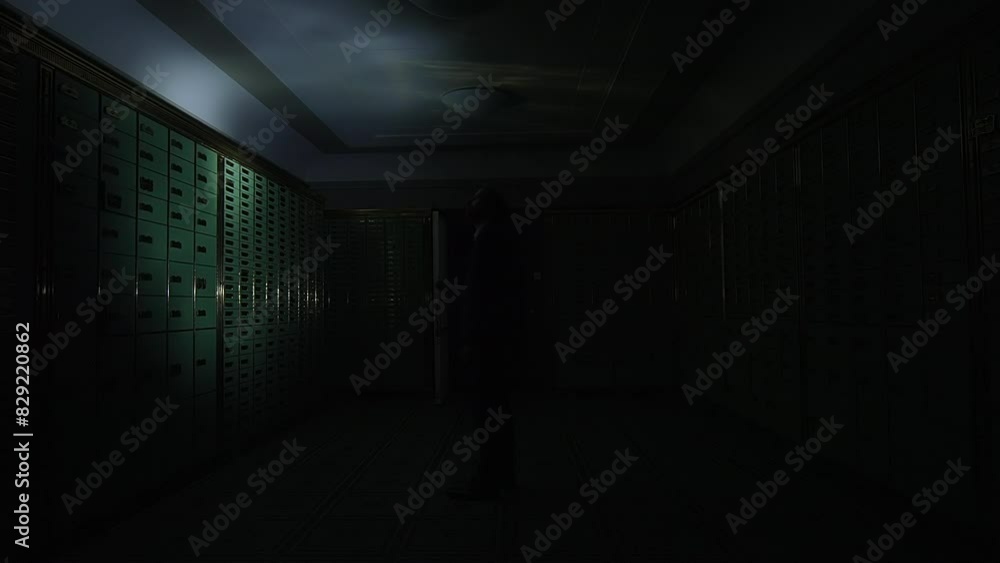 Man in suit spies Investigating vault safe holding a flashlight in dark room Man in suit spies Investigating vault safe holding a flashlight in dark room