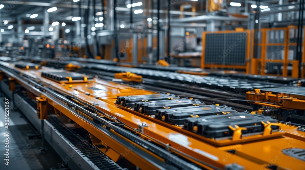 an electric vehicle production line, showcasing rows of battery cells on an assembly belt in a modern factory hall. technology and innovation concept an electric vehicle production line, showcasing rows of battery cells on an assembly belt in a modern factory hall. technology and innovation concept