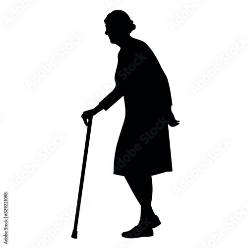 a old Age woman walking with cane vector silhouette, white background