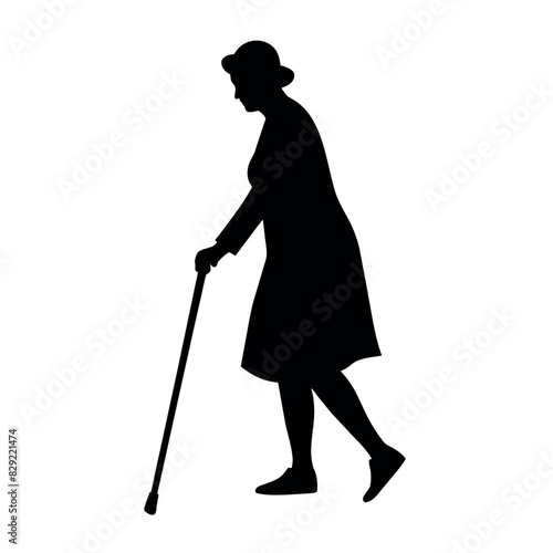 a old Age woman walking with cane vector silhouette, white background